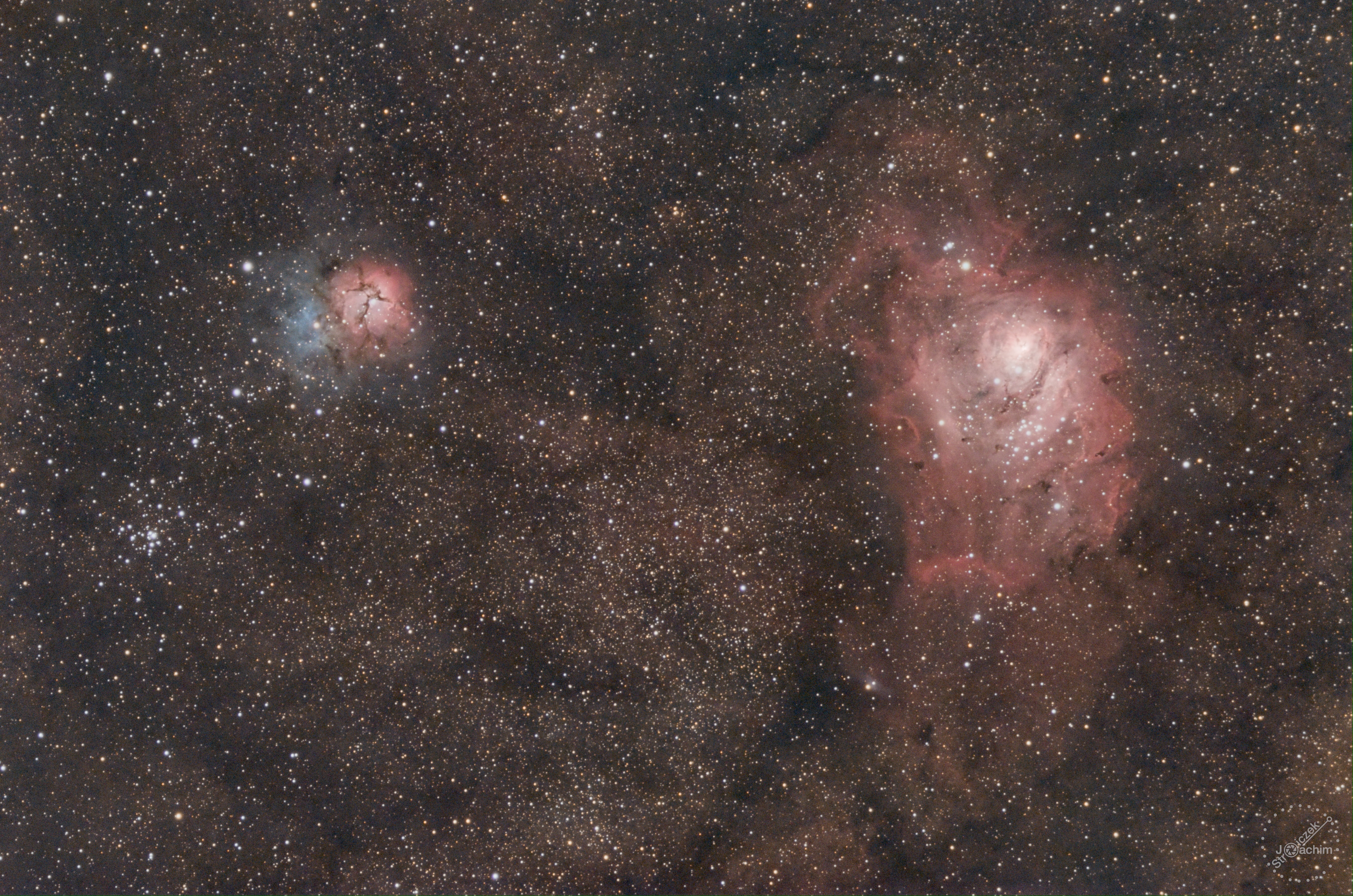 M 8 + NGC 6514, Lagunen- u. Trifid-Nebel | 29.7.2024 | ASI183MC | Evoguide | 74x60 RGB (1,2 Std.)